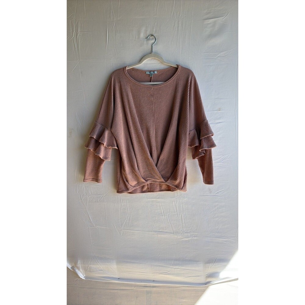 She + Sky Rose Ribbed Surplice Knit Top with Ruffle Tiered Sleeves